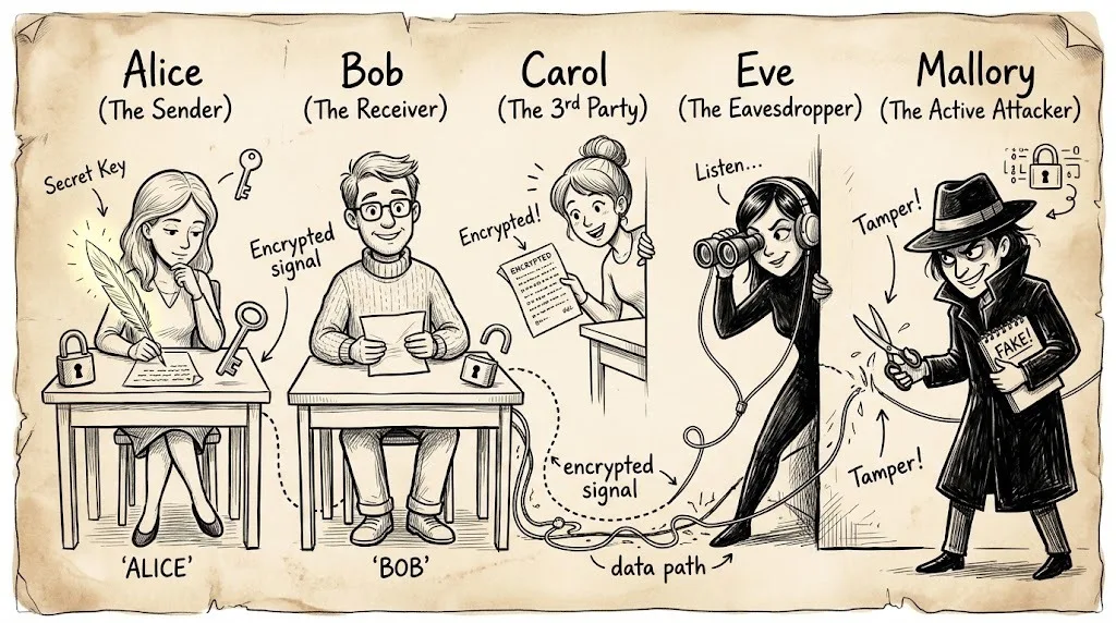 Alice the sender and Bob the receiver at their desks, Carol a third party peeking in, Eve listening on the data path with binoculars and headphones, and Mallory cutting it with scissors, holding a fake